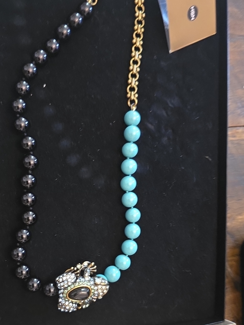 Heidi Daus Turquoise and Hematite Beaded Necklace with Crystal Encrusted Pendant